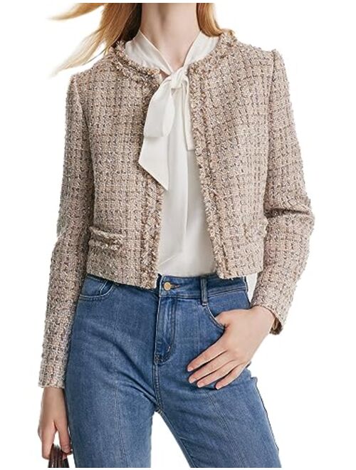 GOELIA Tweed Blazers for Women Work Business Casual, Beige Knit Blazer Cropped Jacket for Women