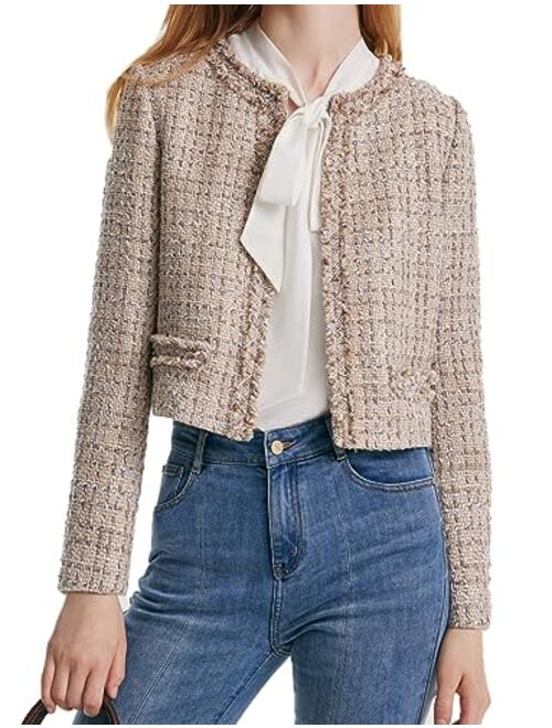 GOELIA Tweed Blazers for Women Work Business Casual, Beige Knit Blazer Cropped Jacket for Women