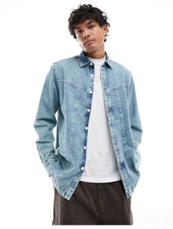relaxed denim shirt with panel detailing in acid blue wash