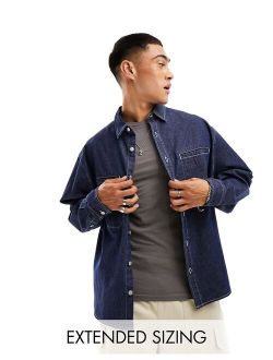 denim boxy oversized shirt with contrast stitching in dark indigo