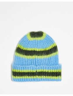 Unisex brushed stripe beanie in blue