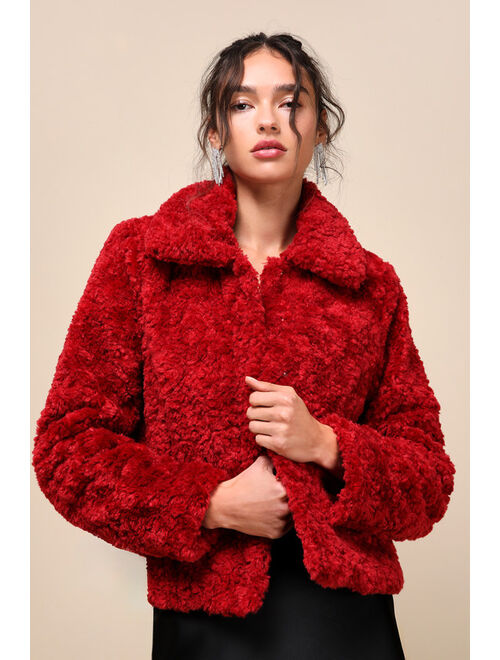 Lulus Snowy Crush Red Collared Teddy Jacket