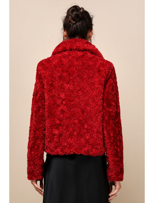 Lulus Snowy Crush Red Collared Teddy Jacket