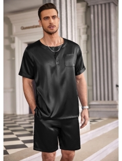 Men Satin Pajamas Set Short Sleeve Silk Sleepwear Button Down 2 Piece Loungewear with Pockets