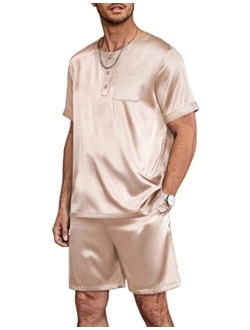 Men Satin Pajamas Set Short Sleeve Silk Sleepwear Button Down 2 Piece Loungewear with Pockets