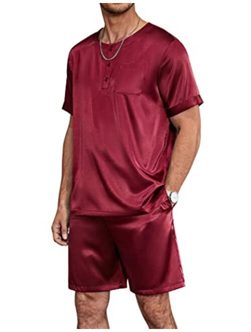 Ekouaer Men Satin Pajamas Set Short Sleeve Silk Sleepwear Button Down 2 Piece Loungewear with Pockets