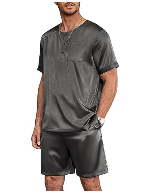 Ekouaer Men Satin Pajamas Set Short Sleeve Silk Sleepwear Button Down 2 Piece Loungewear with Pockets