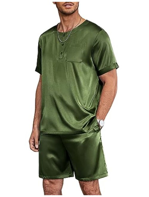 Ekouaer Men Satin Pajamas Set Short Sleeve Silk Sleepwear Button Down 2 Piece Loungewear with Pockets