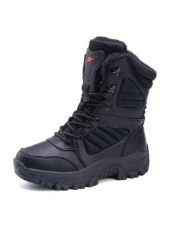 Men's Thickened Slip Resistant Warm Flat High-top Short Boots, Winter Casual Outdoor Pupu Leather Mountain Climbing Boots For Training And Casual Wear