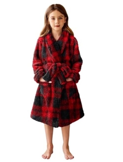 Boys Girls Flannel Bathrobes Soft Fuzzy Hooded Robe Sleepwear with Belt for Kids