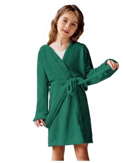 Boys Girls Flannel Bathrobes Soft Fuzzy Hooded Robe Sleepwear with Belt for Kids