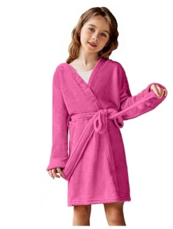 Boys Girls Flannel Bathrobes Soft Fuzzy Hooded Robe Sleepwear with Belt for Kids