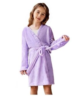 Boys Girls Flannel Bathrobes Soft Fuzzy Hooded Robe Sleepwear with Belt for Kids