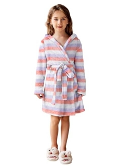 Boys Girls Flannel Bathrobes Soft Fuzzy Hooded Robe Sleepwear with Belt for Kids