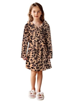 Boys Girls Flannel Bathrobes Soft Fuzzy Hooded Robe Sleepwear with Belt for Kids