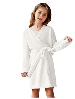 Boys Girls Flannel Bathrobes Soft Fuzzy Hooded Robe Sleepwear with Belt for Kids