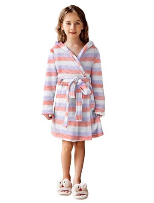 Arshiner Boys Girls Flannel Bathrobes Soft Fuzzy Hooded Robe Sleepwear with Belt for Kids