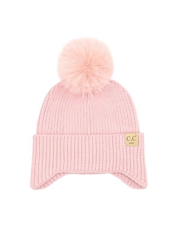 C.C Kids Ear Flap Fur Pom Beanie for Boys Girls - Comfortable Soft Warm Children Youth Knit Skully Hat with Faux Fur Pom