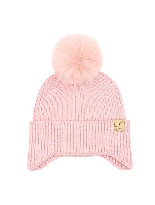 C.C Kids Ear Flap Fur Pom Beanie for Boys Girls - Comfortable Soft Warm Children Youth Knit Skully Hat with Faux Fur Pom