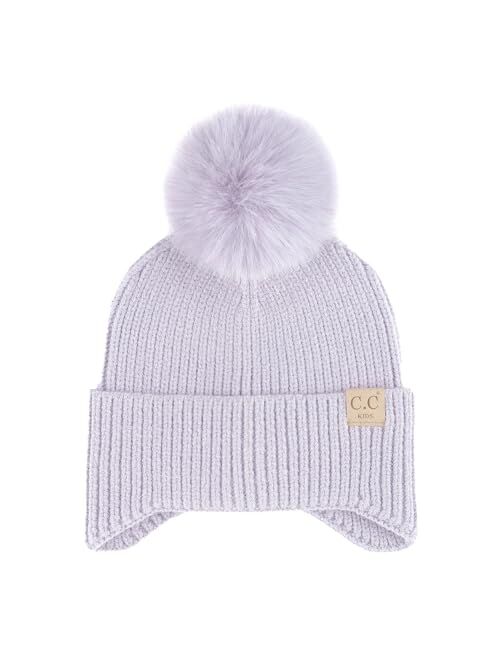 C.C Kids Ear Flap Fur Pom Beanie for Boys Girls - Comfortable Soft Warm Children Youth Knit Skully Hat with Faux Fur Pom