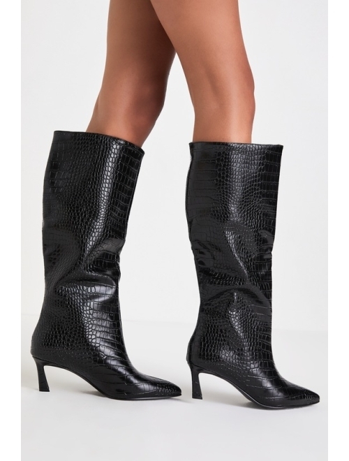 Steve Madden Lavan Black Croc-Embossed Leather Kitten Heel Knee-High Boots