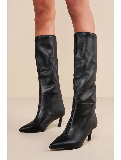 Steve Madden Lavan Black Croc-Embossed Leather Kitten Heel Knee-High Boots