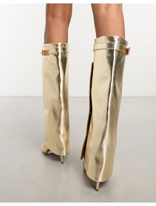 ASOS DESIGN Clearly high-heeled fold over knee boots in gold