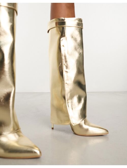 ASOS DESIGN Clearly high-heeled fold over knee boots in gold