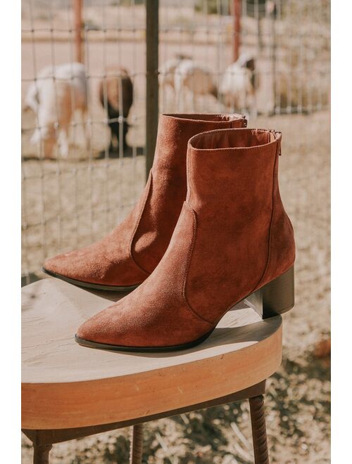 Lulus Daliiliea Coffee Brown Suede Pointed-Toe Ankle Booties