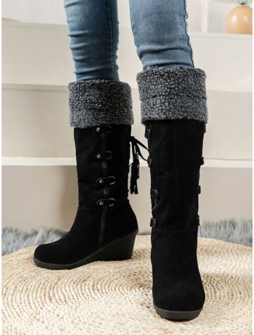 Csafa Tassel & Studded Decor Fuzzy Panel Faux Suede Wedge Boots