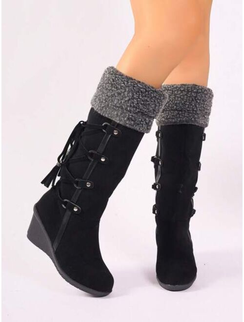 Csafa Tassel & Studded Decor Fuzzy Panel Faux Suede Wedge Boots