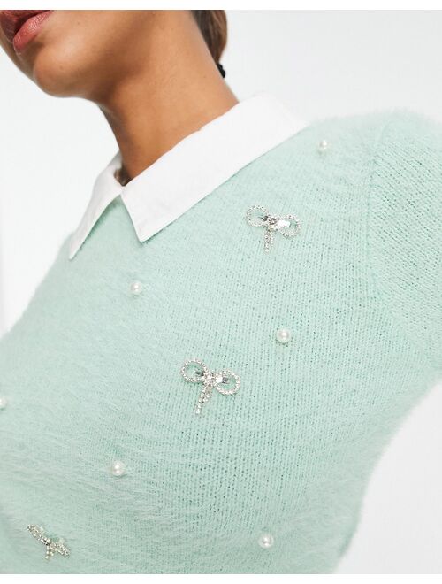 River Island embellished fluffy hybrid sweater in light green