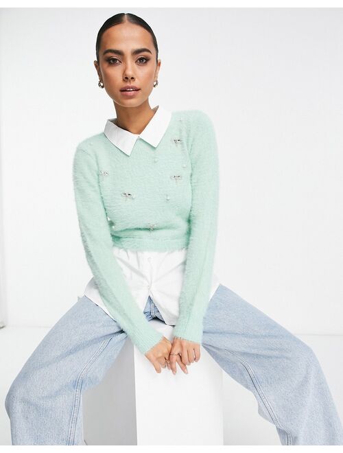 River Island embellished fluffy hybrid sweater in light green