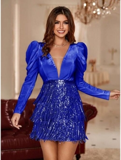 Double Crazy Plunging Neck Gigot Sleeve Sequin Fringe Dress