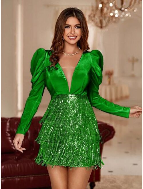 Double Crazy Plunging Neck Gigot Sleeve Sequin Fringe Dress