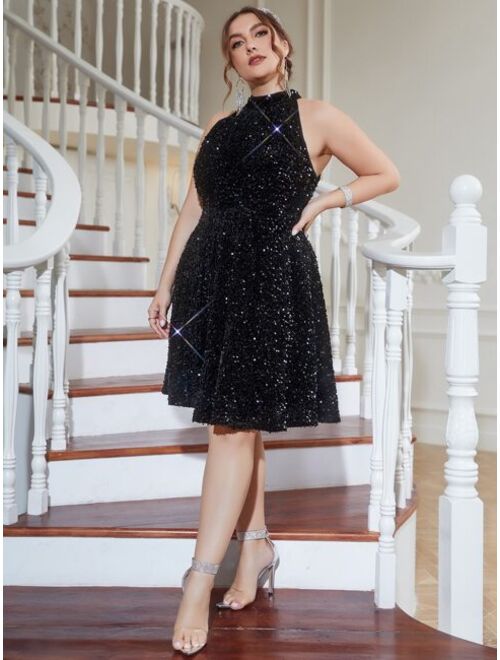 SHEIN Modely Plus Halter Neck Sequin Dress