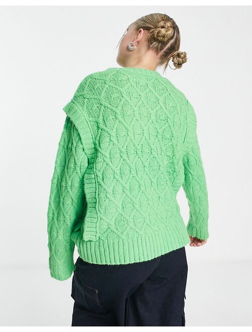 Native Youth cable knit sweater with shoulder detail in apple green