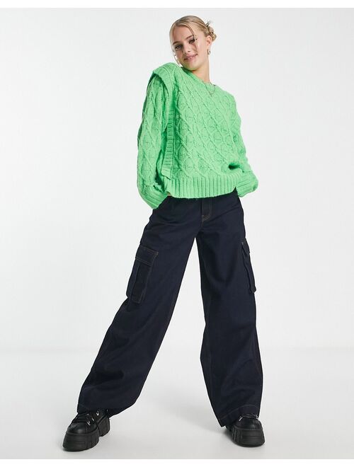 Native Youth cable knit sweater with shoulder detail in apple green