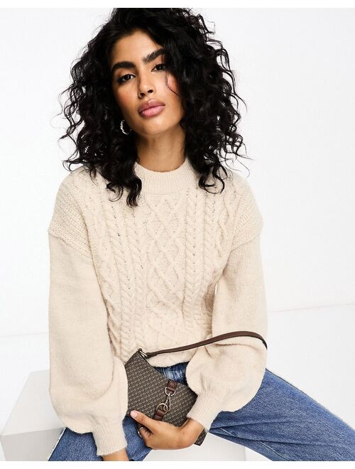 Vila cable knit sweater with puff sleeves in cream