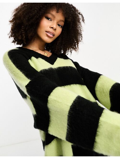 AllSaints Lou oversized v-neck sweater in black and green stripe exclusive to ASOS