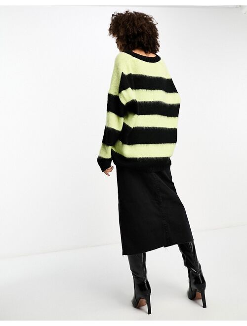 AllSaints Lou oversized v-neck sweater in black and green stripe exclusive to ASOS