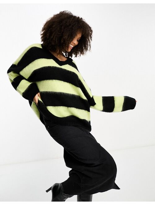 AllSaints Lou oversized v-neck sweater in black and green stripe exclusive to ASOS