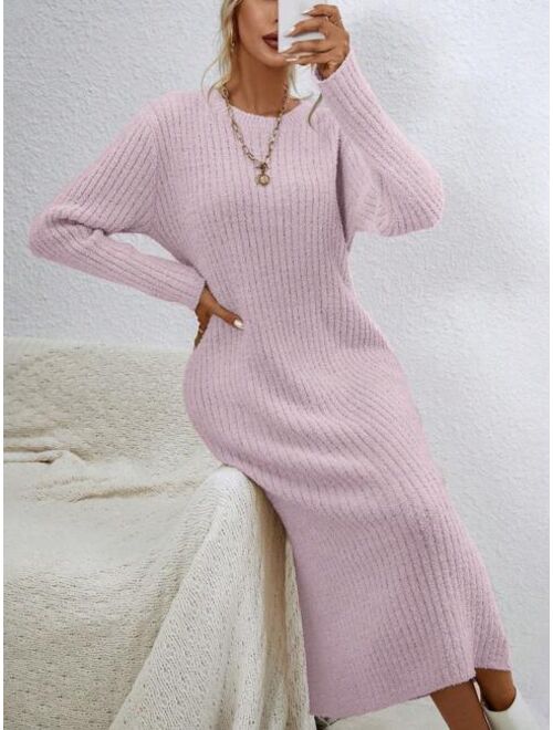 SHEIN Priv Solid Ribbed Knit Sweater Dress