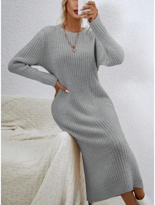 SHEIN Priv Solid Ribbed Knit Sweater Dress