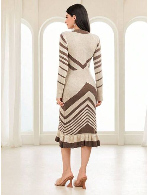 SHEIN Mulvari Chevron Pattern Ruffle Hem Sweater Dress Without Belt