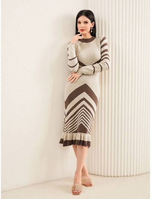 SHEIN Mulvari Chevron Pattern Ruffle Hem Sweater Dress Without Belt