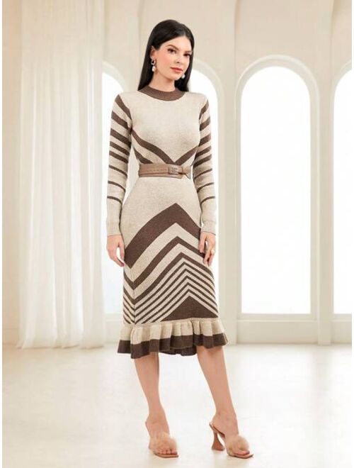 SHEIN Mulvari Chevron Pattern Ruffle Hem Sweater Dress Without Belt