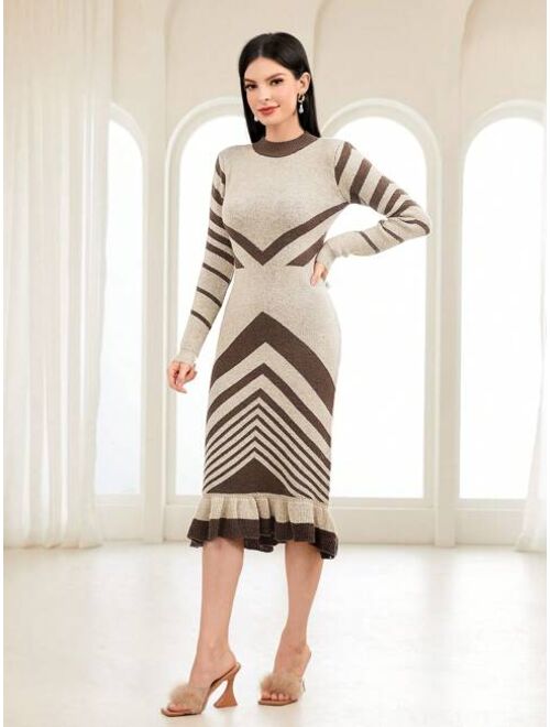 SHEIN Mulvari Chevron Pattern Ruffle Hem Sweater Dress Without Belt