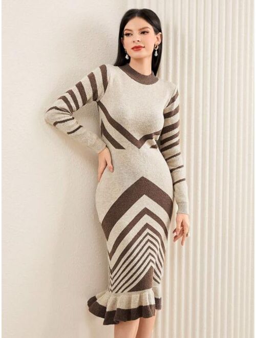 SHEIN Mulvari Chevron Pattern Ruffle Hem Sweater Dress Without Belt