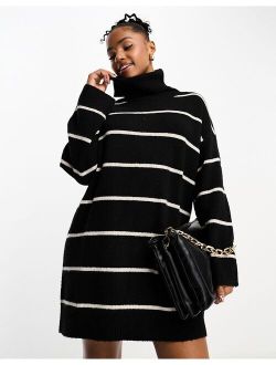 knitted roll neck sweater dress in black stripe